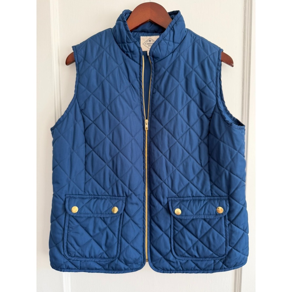 St Johns Bay Quilted Vest Womens XL Navy Full Zip Puffer Gold Button Pockets